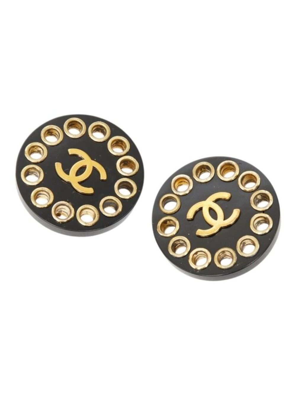 Chanel CC Logo Vintage Round Earrings 28 Gold Black Plated Plastic